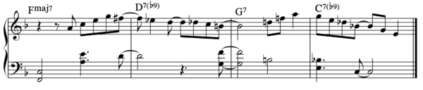 Chord substitution of minor chords changed to dominant 7s.