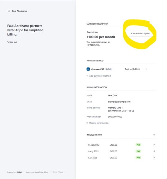 A screenshot of the stripe customer portal, highlighting the Cancel Subscription button that appears in the top right of the page